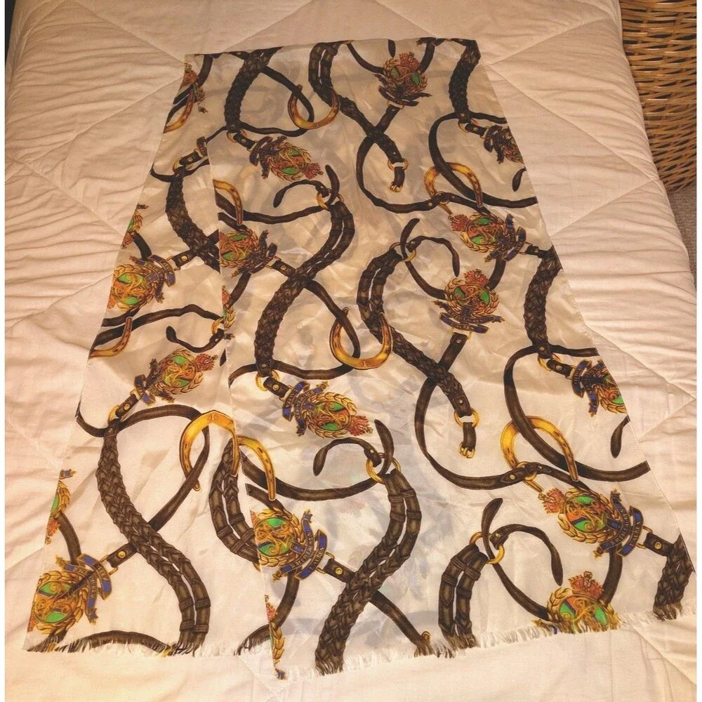 Vintage Ralph Lauren Equestrian Silk Oblong Scarf Crest Horseshoes Fringed